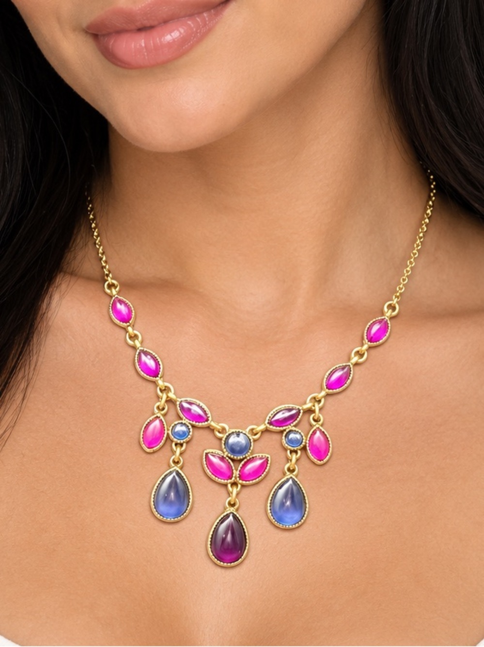 Vintage Signed SAC GoldTone Necklace with Pink Blue Teardrop Crystal Gem Accents